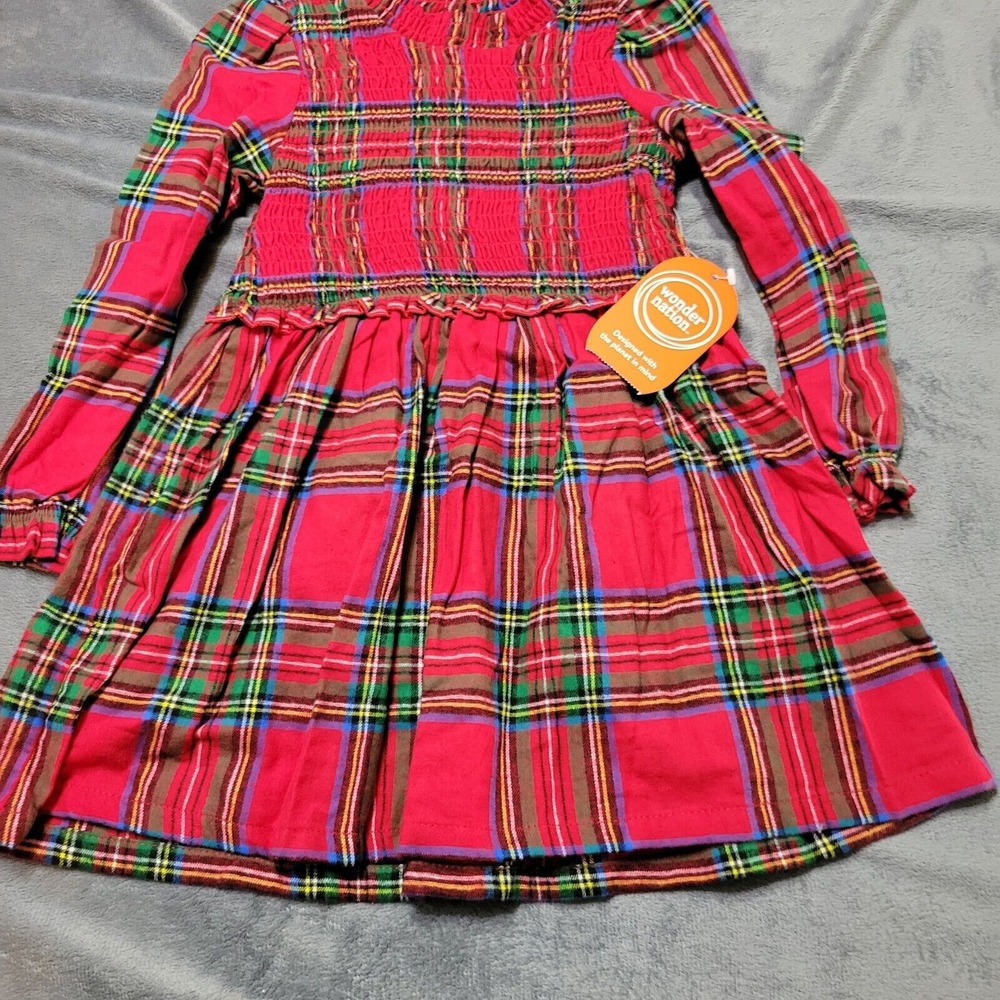 Wonder Nation Dress Girl 12 Month Red Plaid Smock Top Puff Long Sleeve Mock Neck